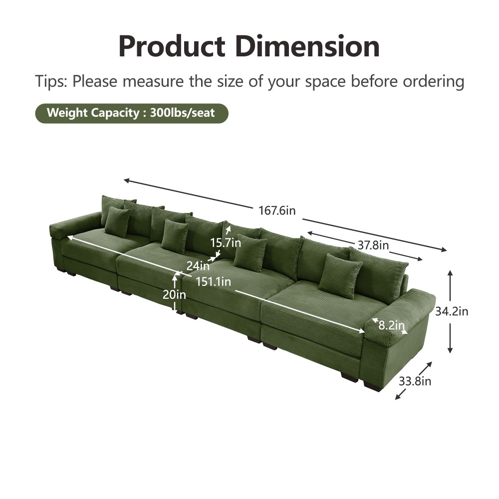Modular Sectional Sofa 4 Seater Deep Seats Green Corduroy 12 Pillows