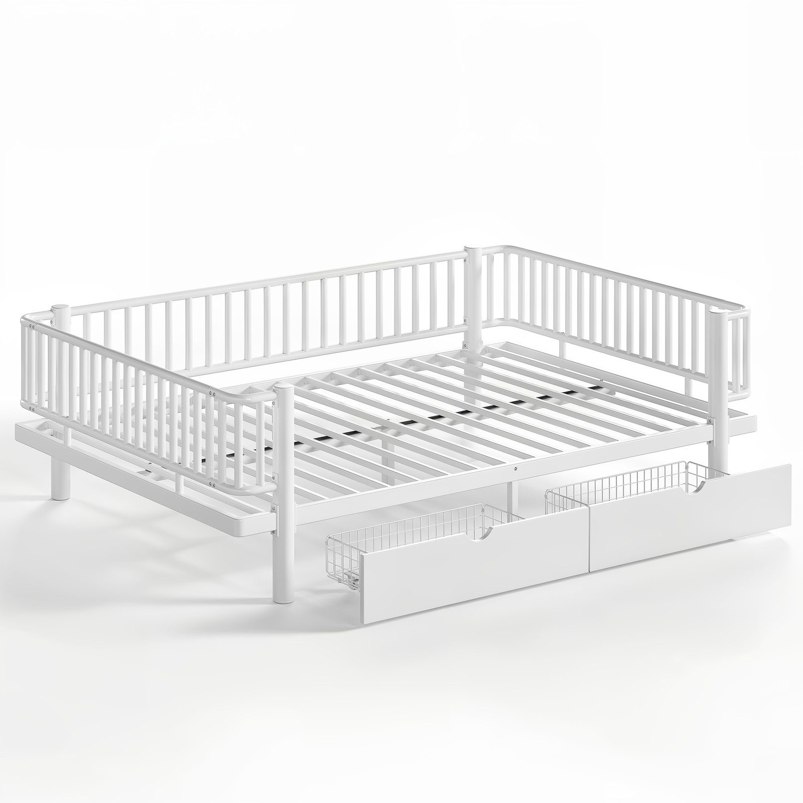 Queen Size Metal MDF Platform Bed Frame Daybed Slatted W/ Storage Drawers White