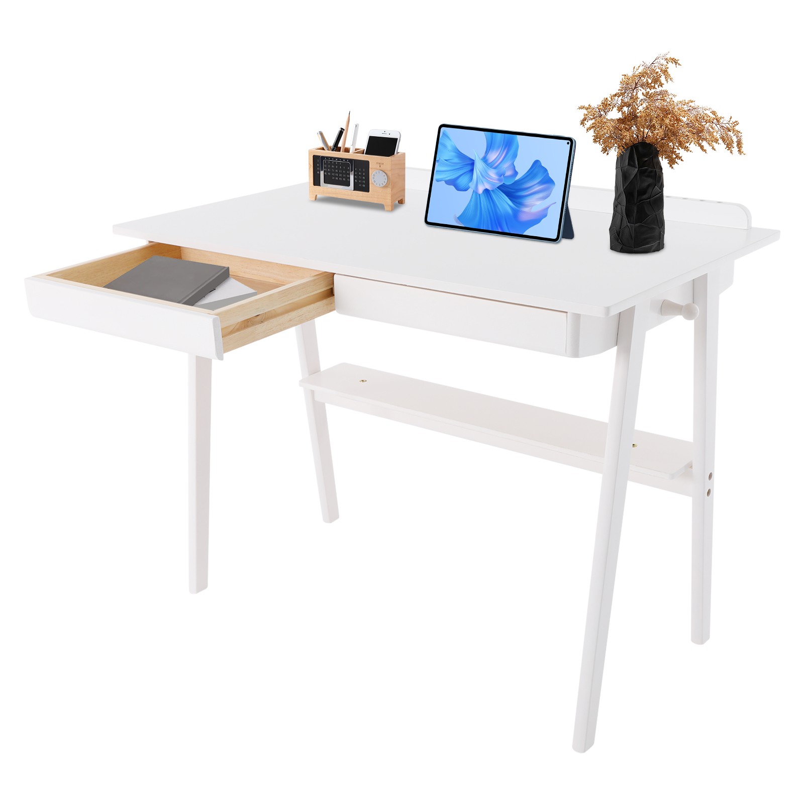 White Folding Desk For Home Office 100x60cm With Storage Shelf And Hooks