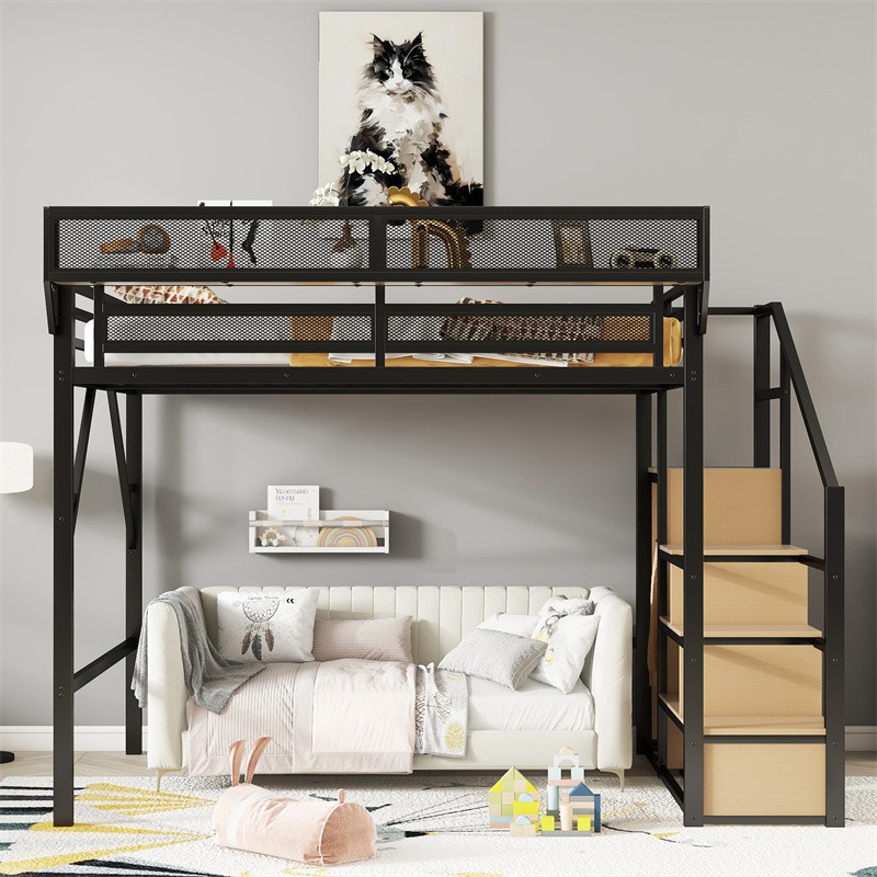 Queen Size High Loft Metal Bed w/Storage Shelves,Wardrobe & Storage Stairs,Black