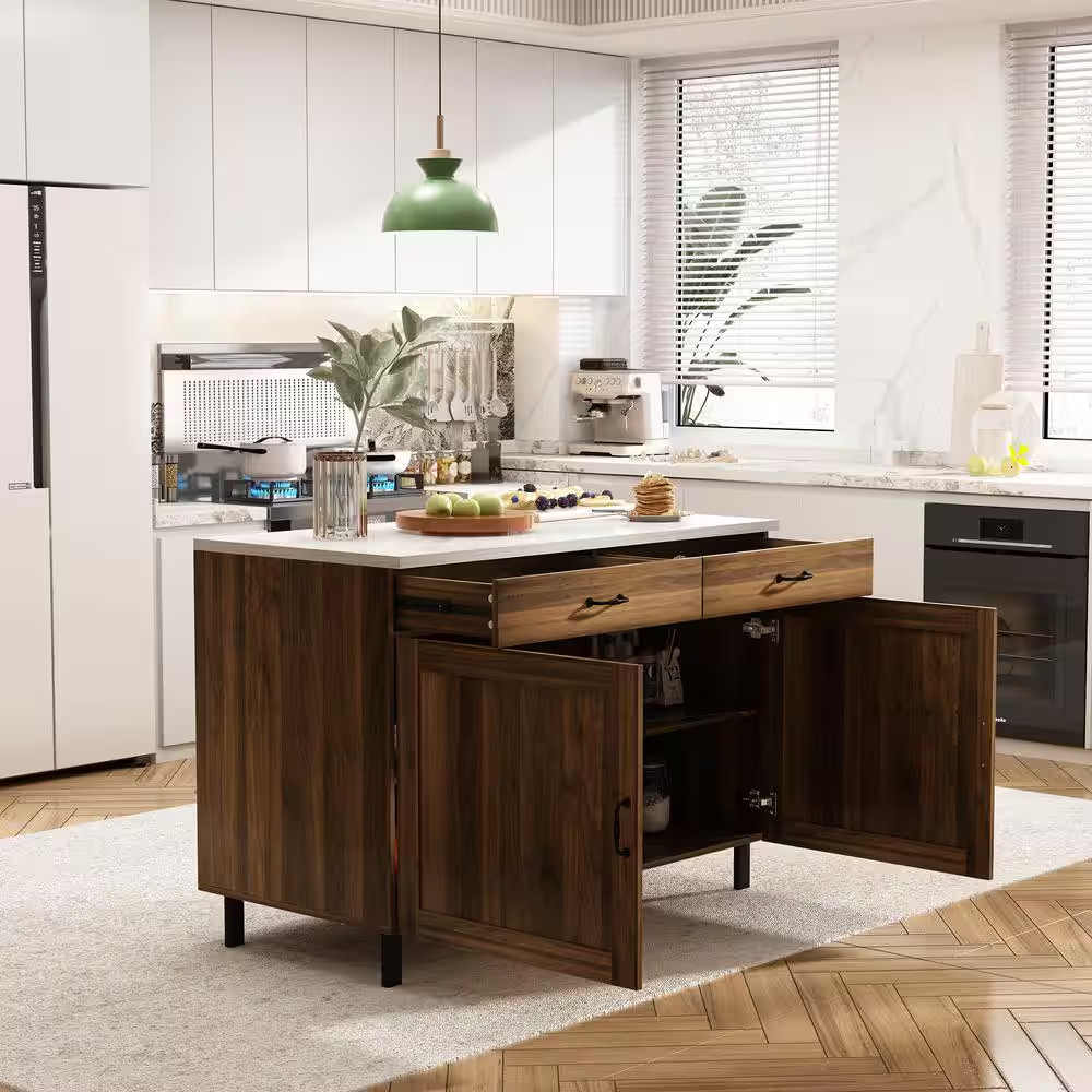 Burly Wood and White 47.2 In. Height Wooden Wine Cabinet, Sideboard, Food Pantry