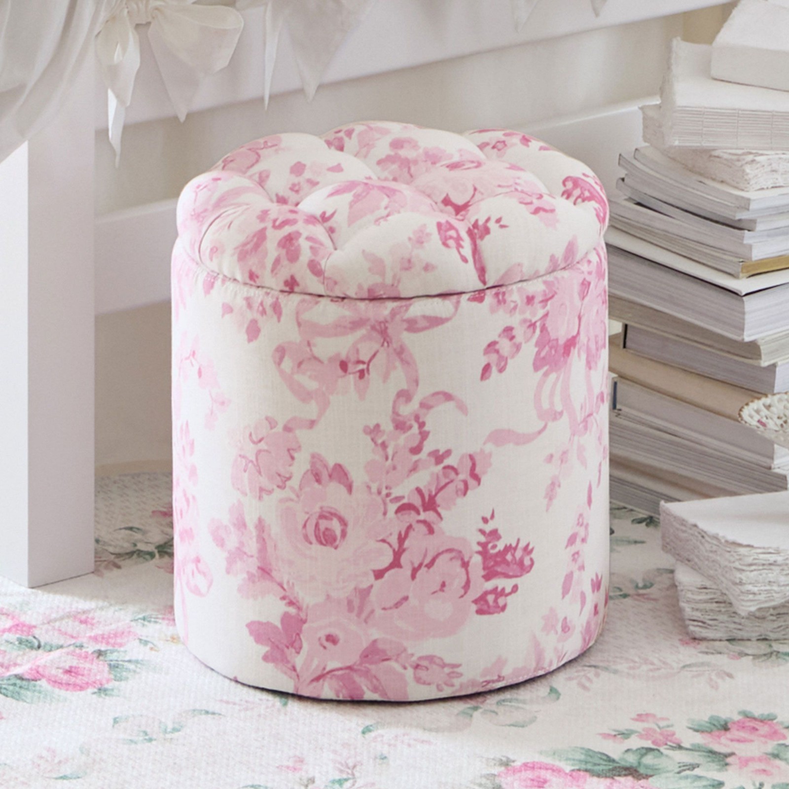 LoveShackFancy Tufted Round Storage Ottoman – Garden Damask Pink