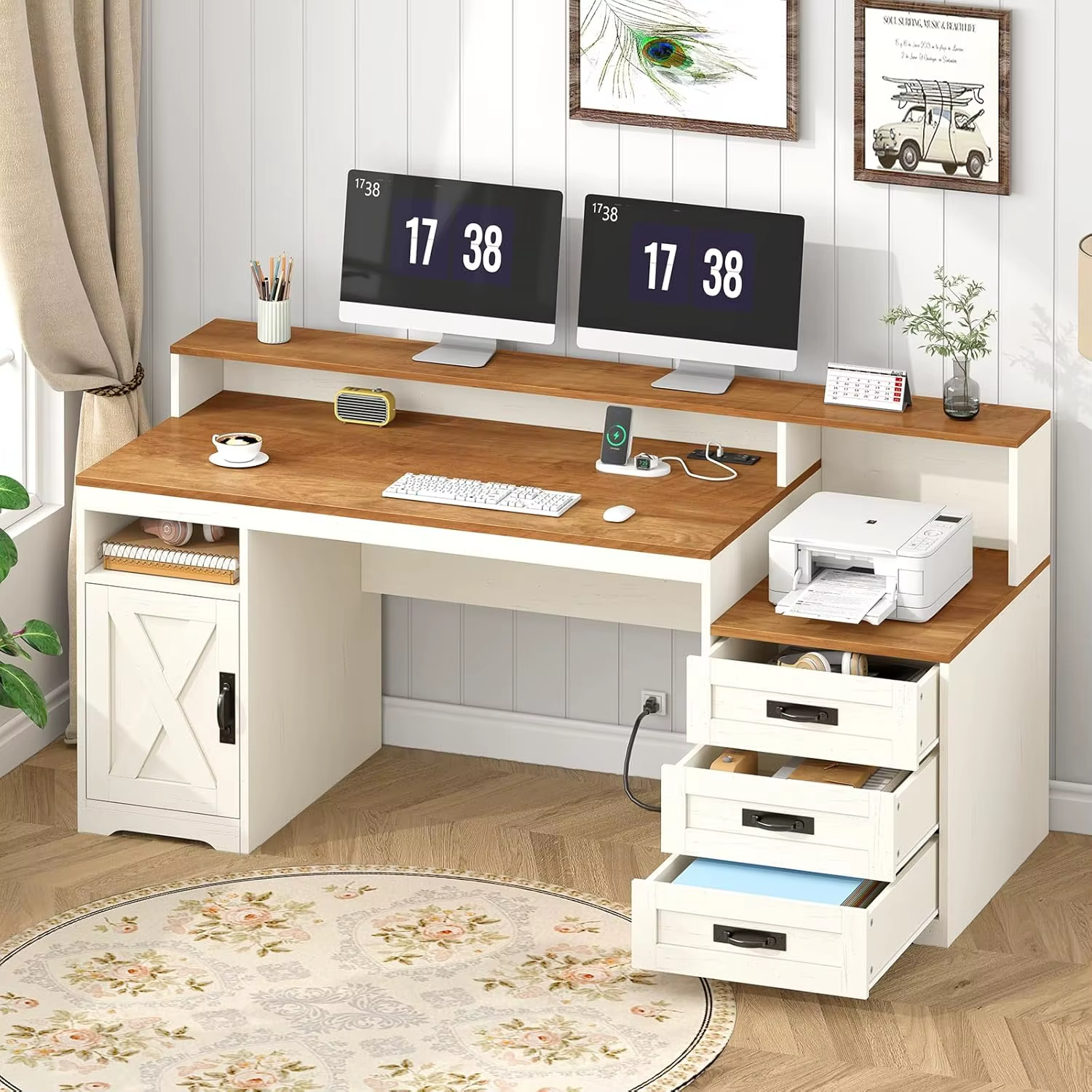 65” Farmhouse Computer Desk with Drawers Power Outlets Storage Cabinet White