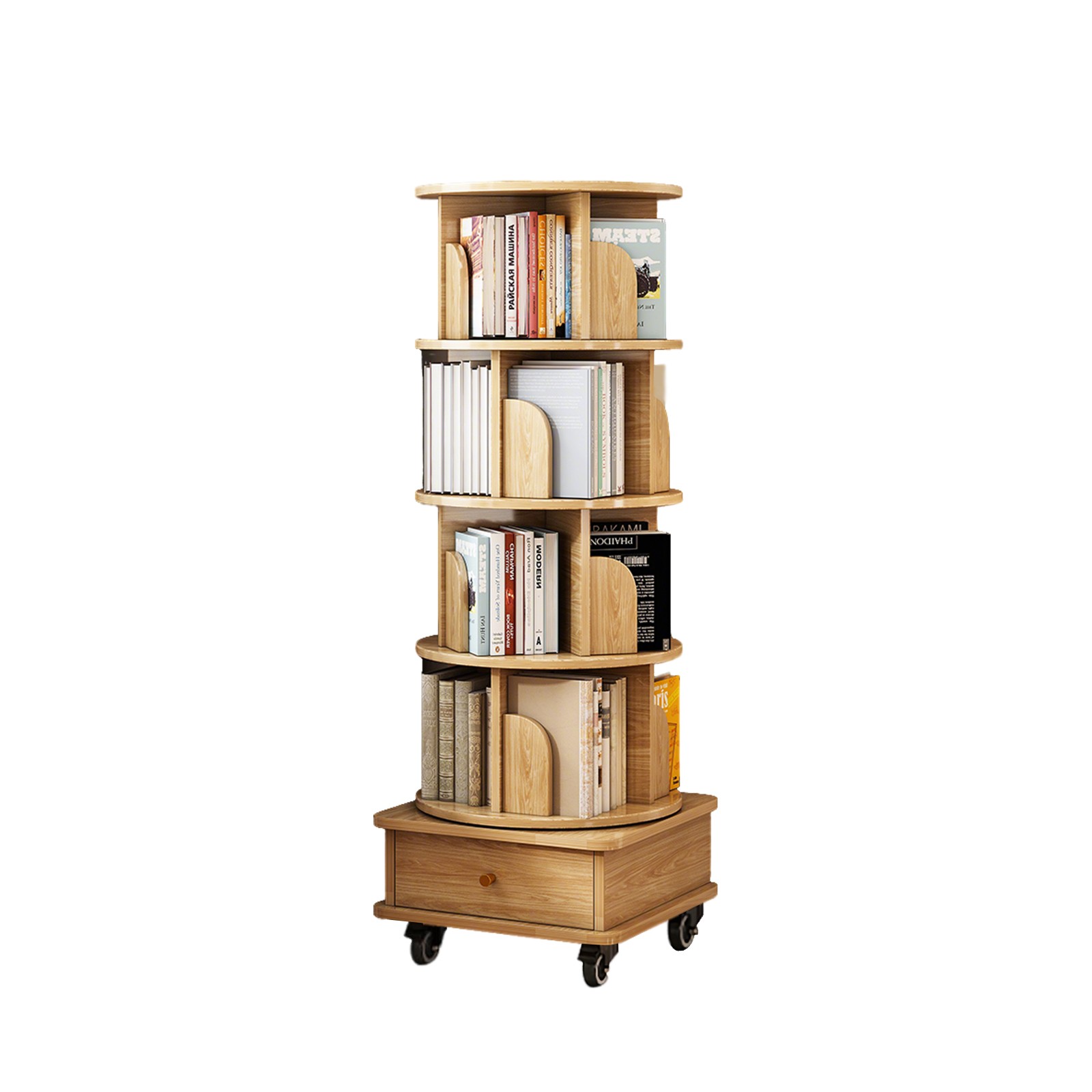 5 Tier Rotating Bookshelf 360° Display Round Spinning Bookshelf with Wheels