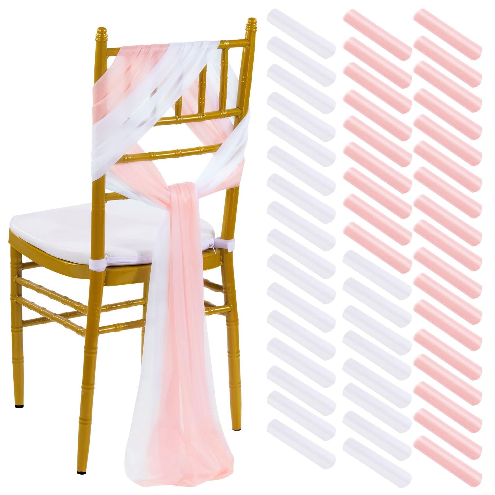 PakiInno Wedding Chair Sashes 8FT White and Blush 50 Pcs Party Ceremony Banquet