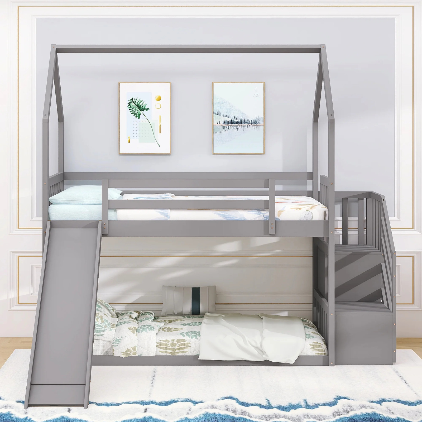 Twin House Bunk Bed with Staircase for Kids, Solid Wood Bunk Bed with Storage, G
