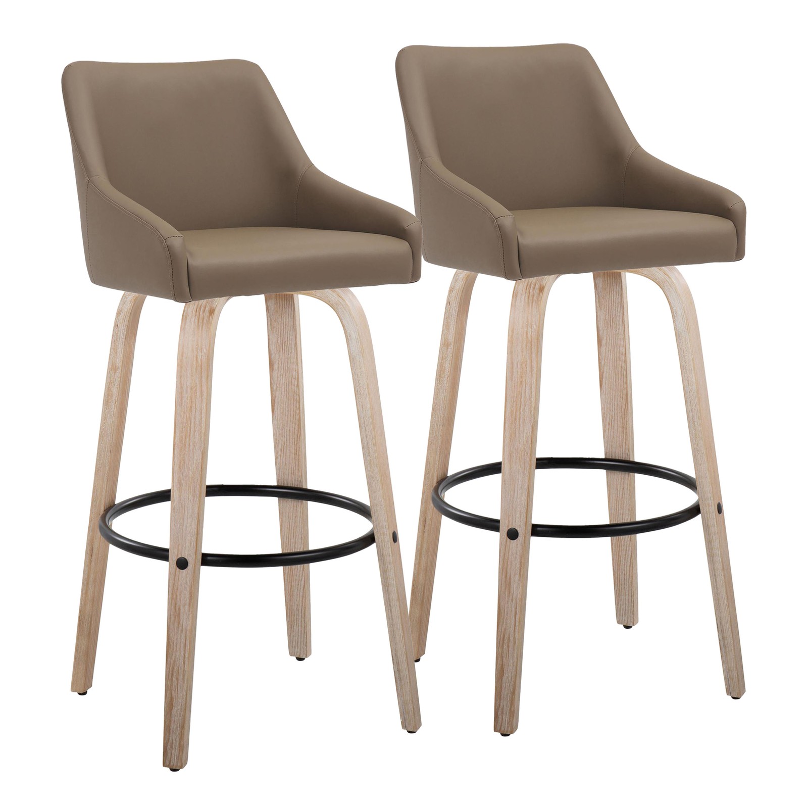 Set of 2 Swivel Barstools Whitewashed Wood Brown Faux Leather 30″ Fixed Height