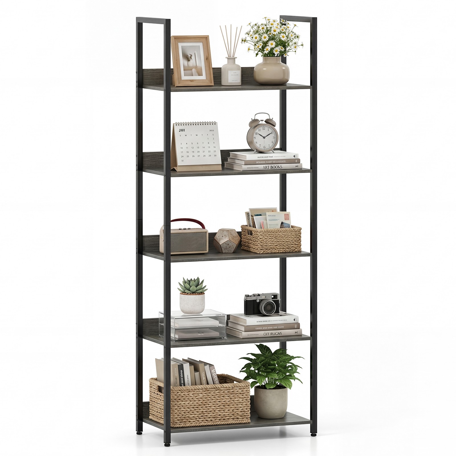 5-Tier Bookshelf, Tall Wooden Open Bookcase with Back Panels and Metal Frame