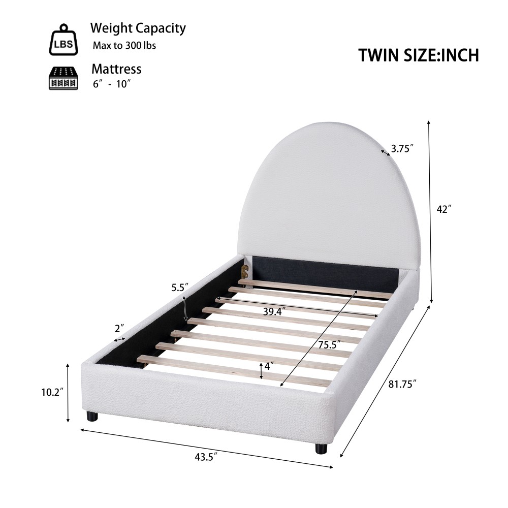 Queen Size Bed Frame With Boucle Upholstered Round Curved Headboard, White