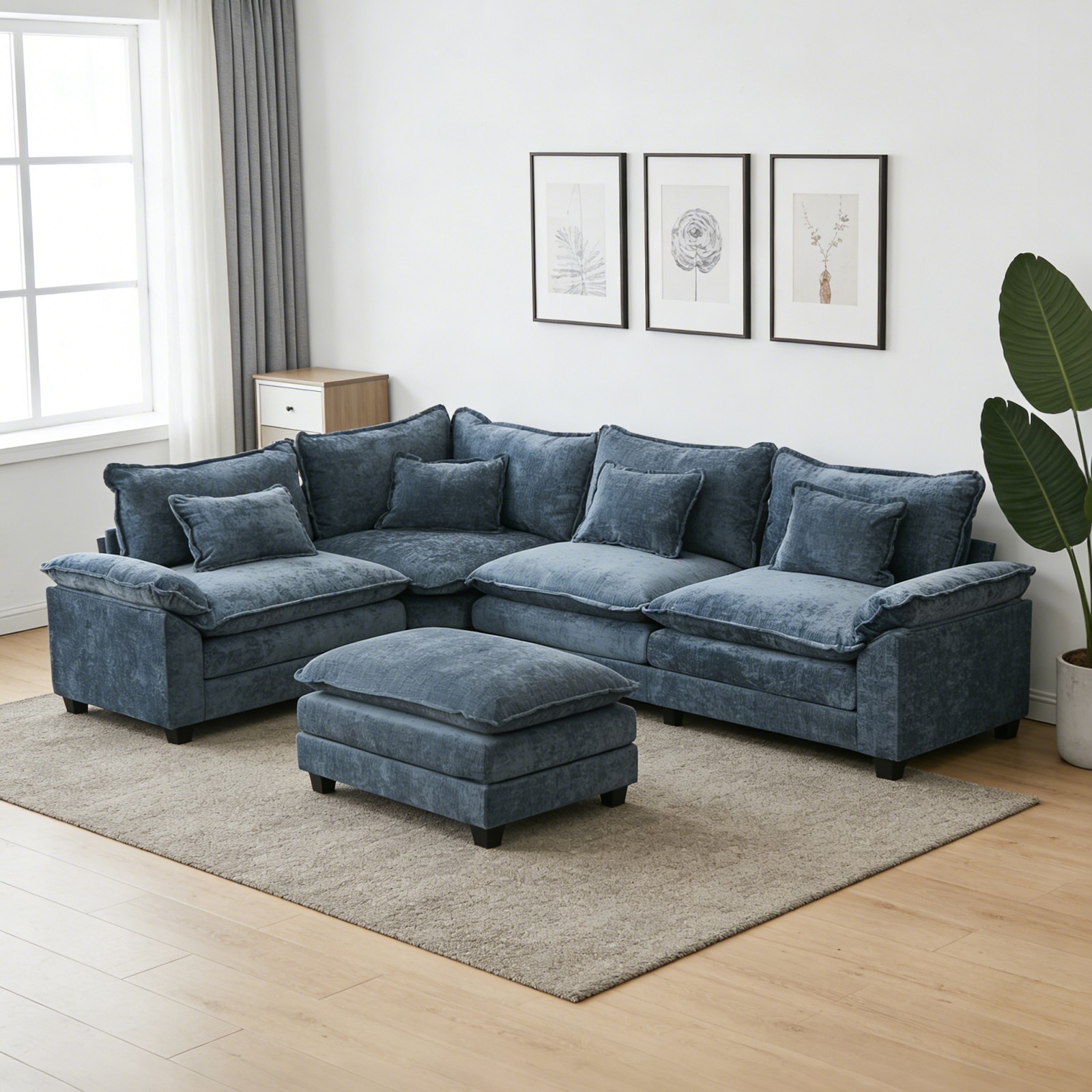 L-Shaped Sectional Sofa Corner Cloud Couch Chenille Modular Sofa w/Chaise&Pillow