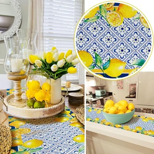 Capri Blue Lemon Table Runner Italy Tile Burlap 13 x 48 Inch Light Blue