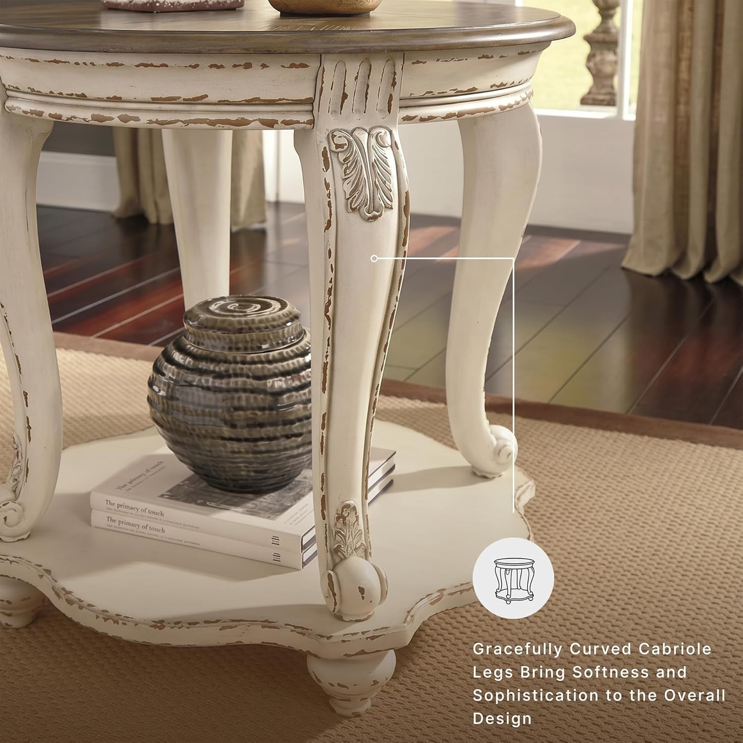 End Table, Cottage-Style Round Side Table with Antiqued Two-Tone Finish, Wood