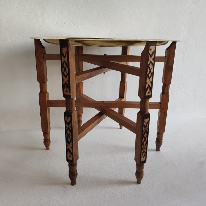 Handmade Moroccan 40″ Round Brass Tray Tea Table with folding Wood Stand Thuya W