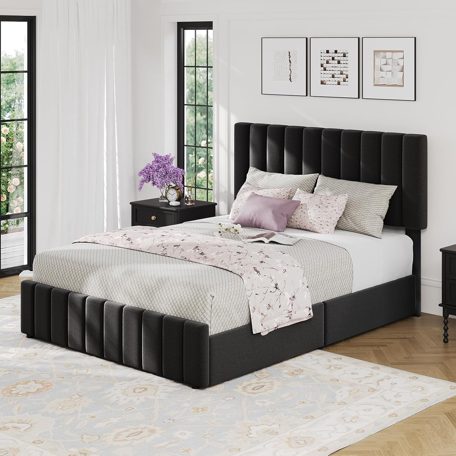 Queen Size Platform Bed Frame with Storage Drawers & Adjustable Headboard, Black