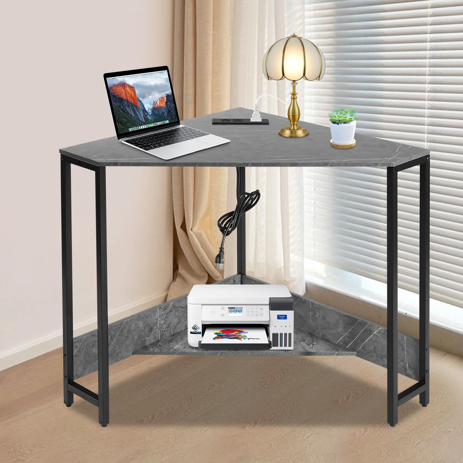 Small Computer Desk with Outlet Home Office Desk Free Standing Corner Desk