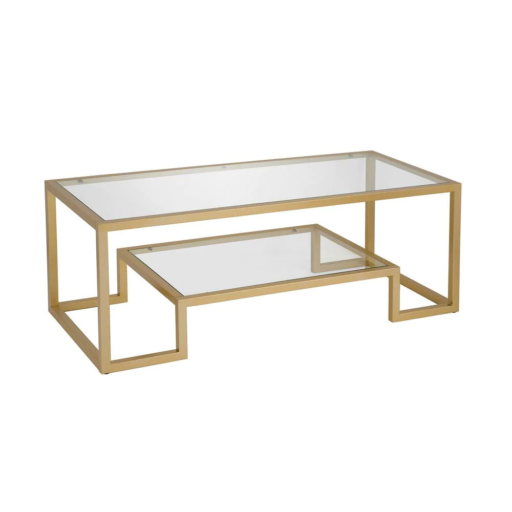 Large Rectangle Glass Coffee Table with Shelf Athena 45 in. Brass/Clear NEW