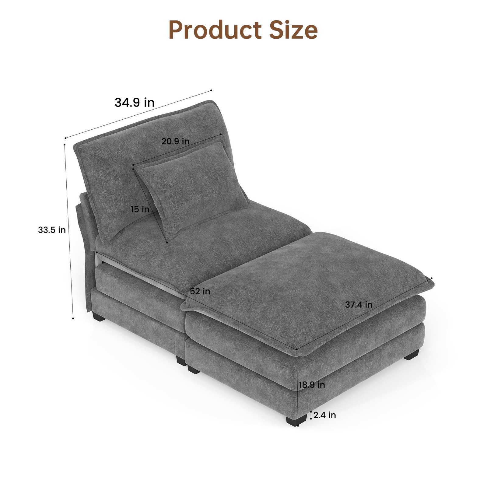34.9in Modular Sectional Single Seat No Armrest w/ Ottoman Chenille Dark Gray