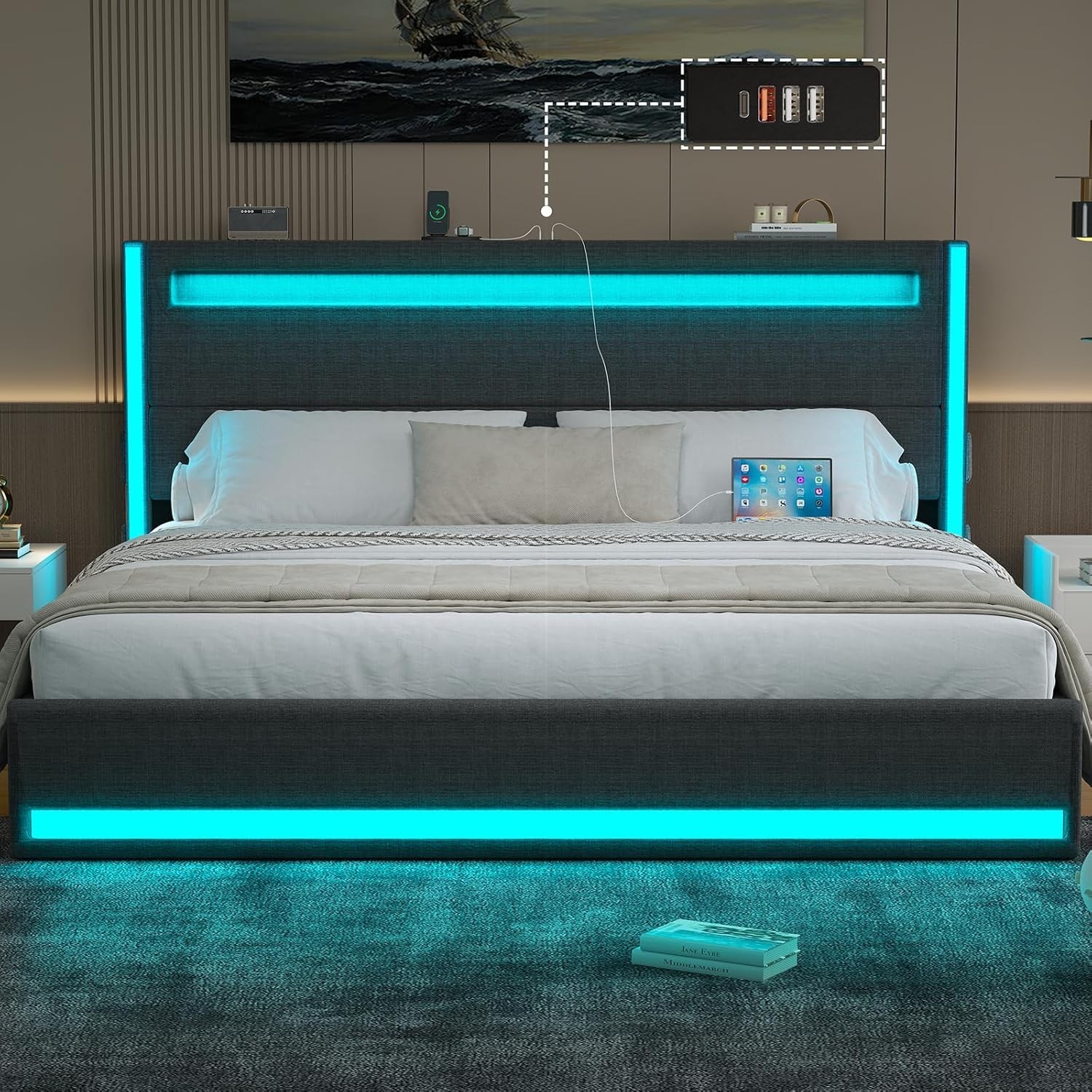 King Size LED Bed Frame with Adjustable Headboard & USB/Type-C Charging