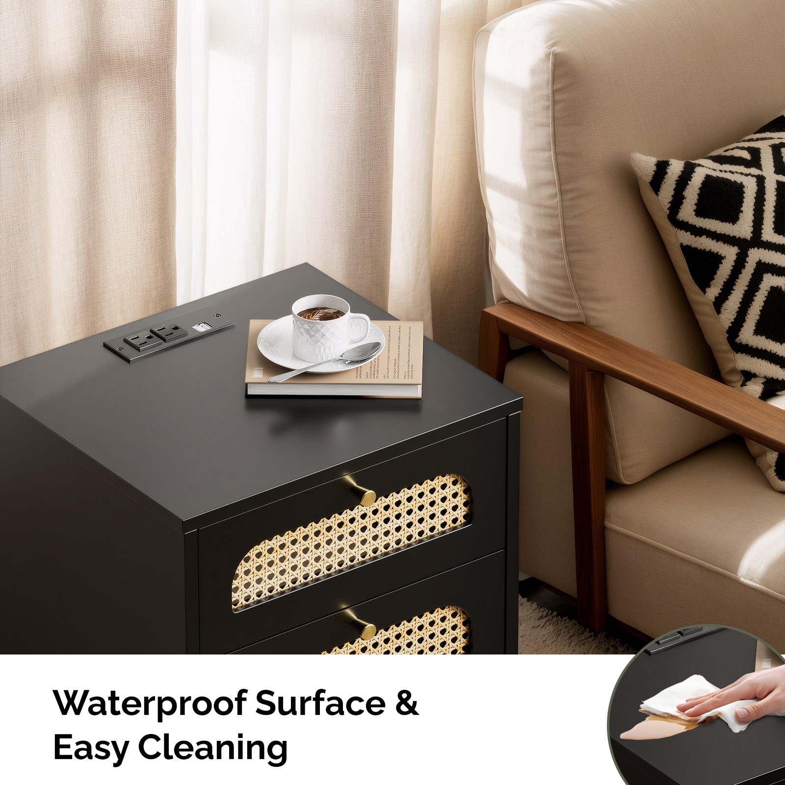 3-Drawer Nightstand with Woven Rattan Fronts and Built-in Power Outlet