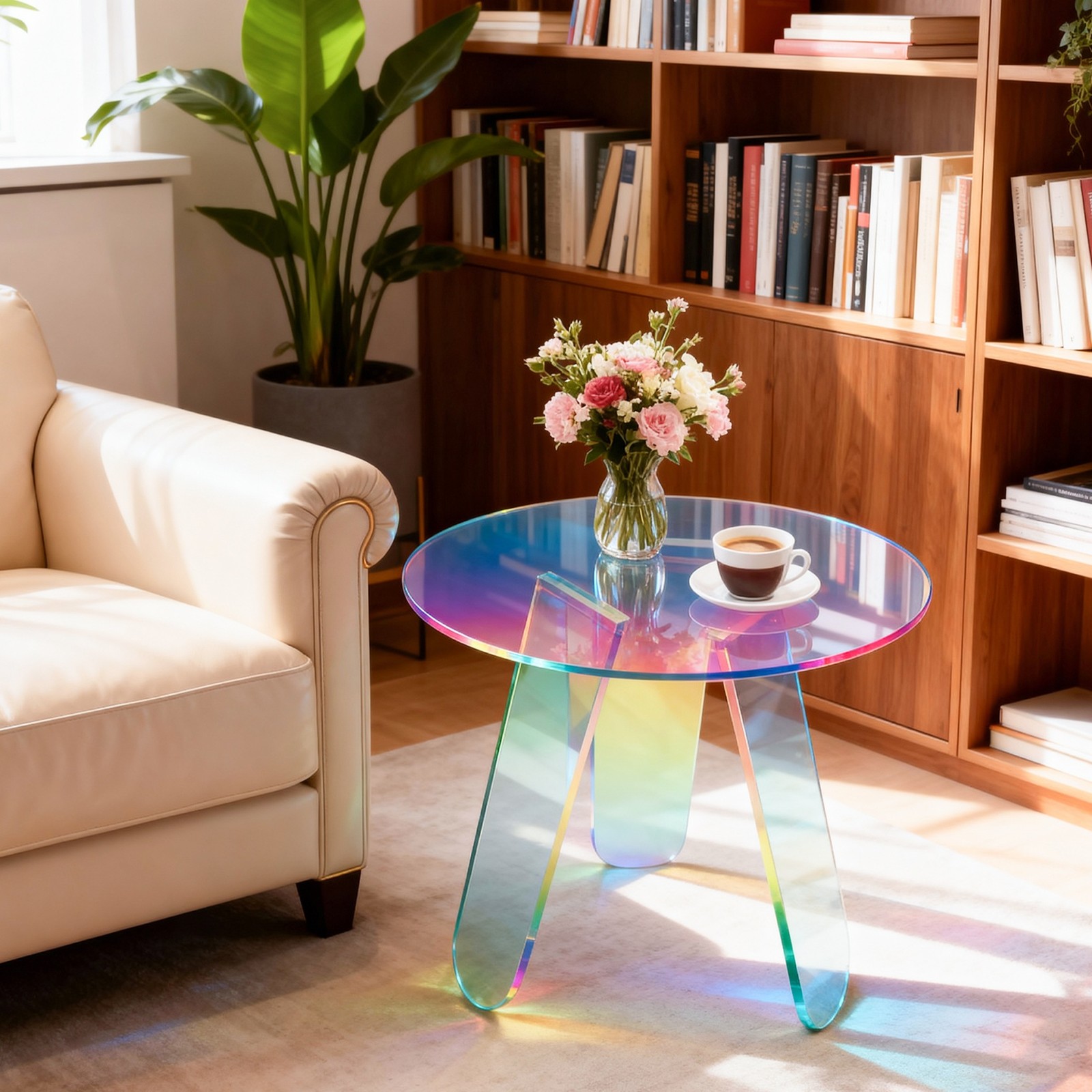 Round Iridescent Rainbow Acrylic End Table w/ PVC Table Cover Modern Side Table