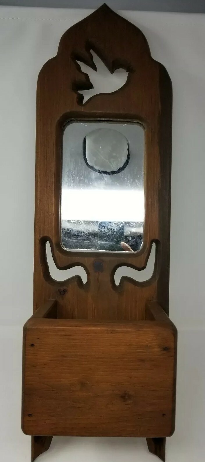 Primitive Wood Wall Mountable Caddy With Mirror and Dove Cutouts 24 1/2″