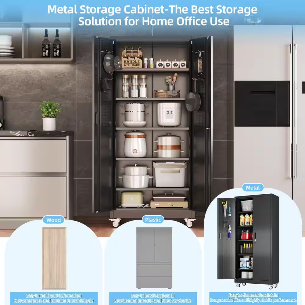 32 In. W X 71 In. H X 16 In. D Metal Garage Storage Freestanding Cabinet with Pe