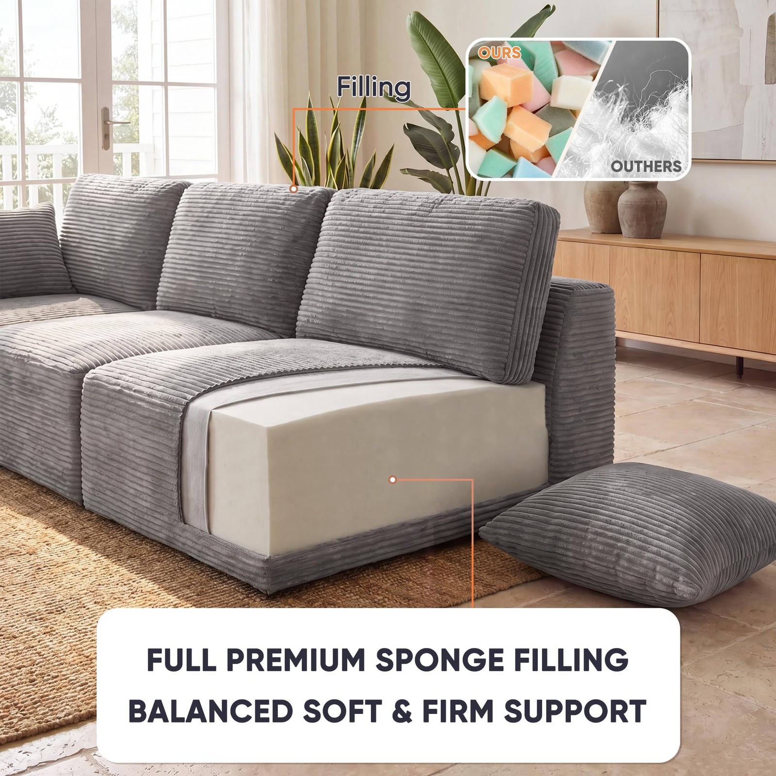 Boneless Sectional Couch Deep for Seat Upholstered Cloud Sofa Dark Grey 4-for Se
