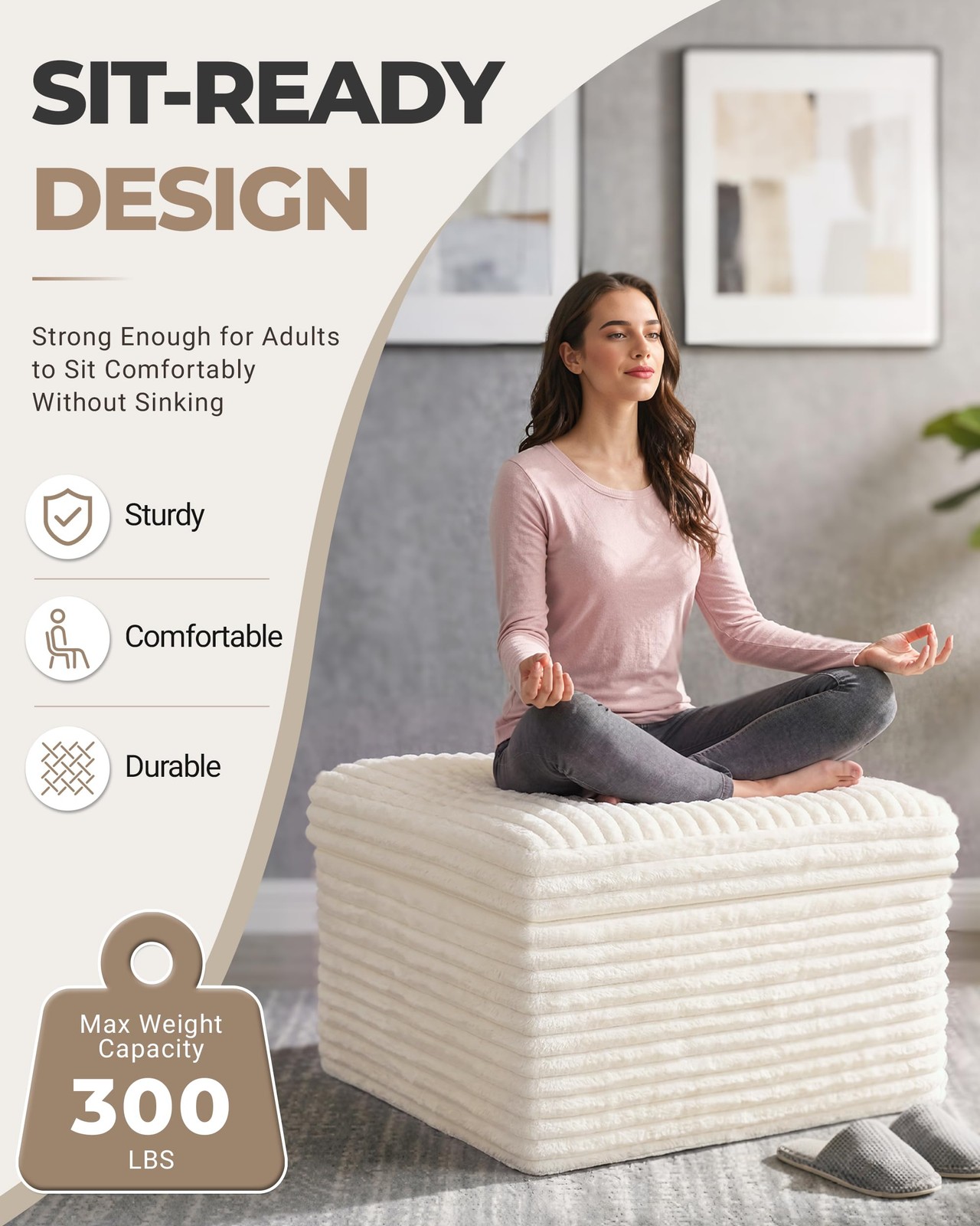 Fabulcozy 23.6in Pouf Ottoman, Corduroy 23.6″D x 23.6″W x 16.5″H, Beige