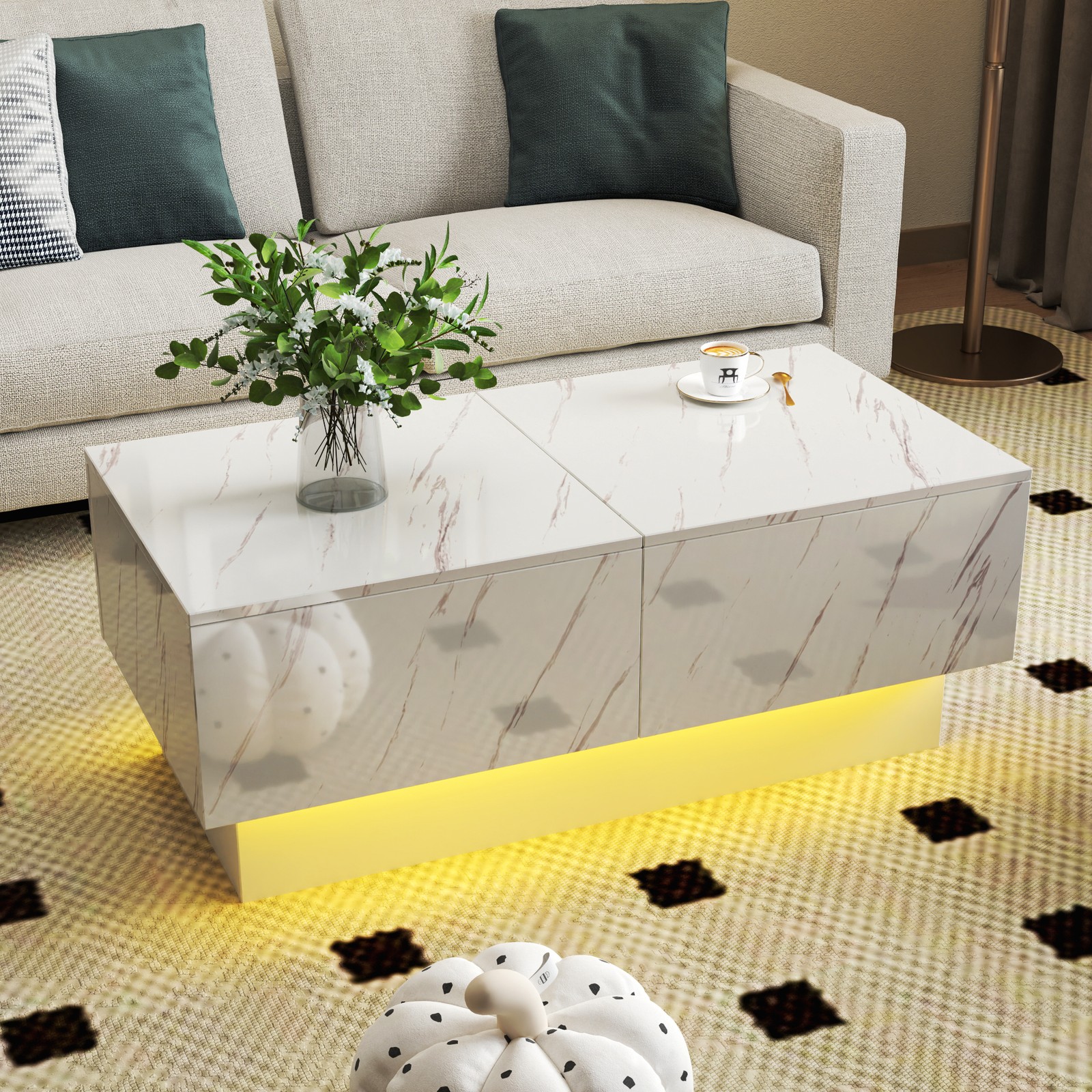 Extendable Coffee Table with Sliding Top & Hidden Storage, White