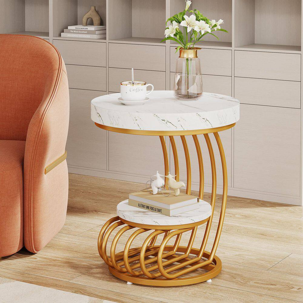 19.7 In. White round Wood and Metal C-Shape End Table, 2-Tier Modern Side Table