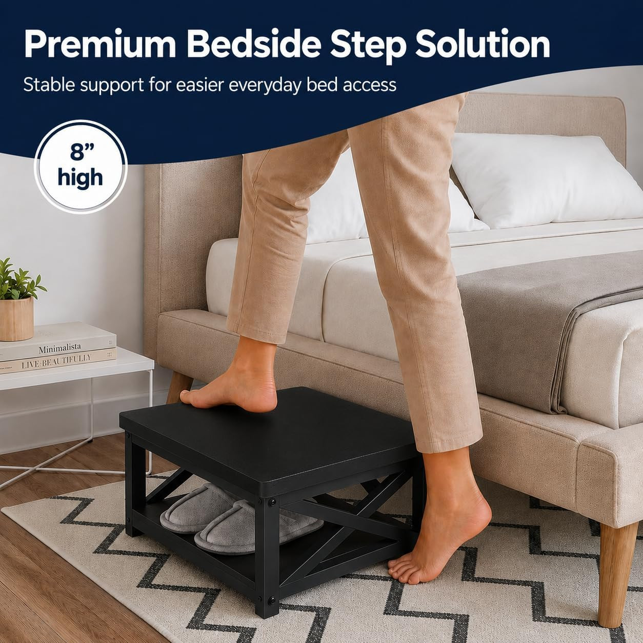 Wooden Step Stool for Bed – 8 Inch Bedside Step Stool for Adults, Anti-Slip Feet