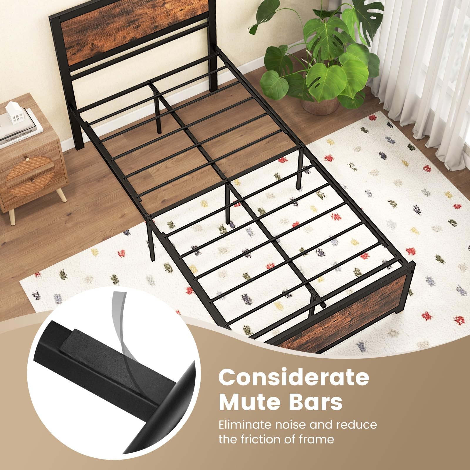 Twin Bed Frames for Kids, Industrial Metal Platform Bed with Headboard, Metal…