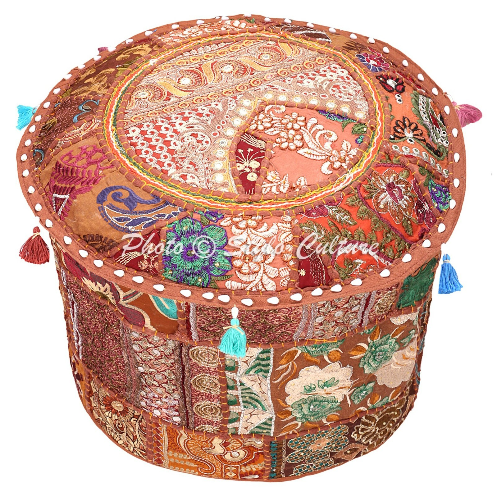 Indian Round Pouf Cover Patchwork Embroidered Antique Ottoman Bohemian 16″ Brown