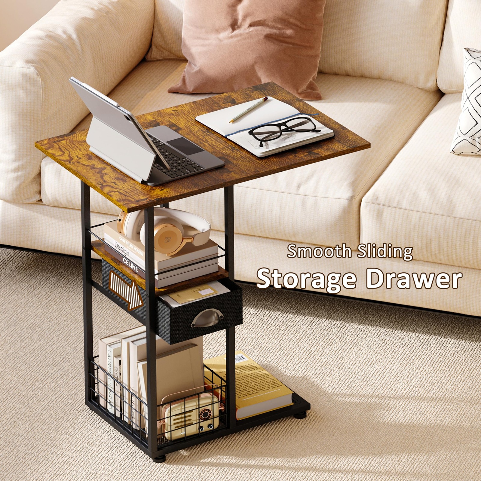 Rolling C-Shaped Side Table with Wheels X-Large (With Drawer & Wheels), Black