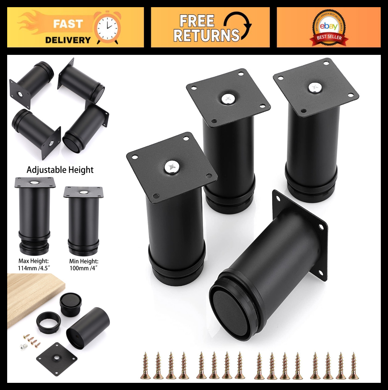 4PCS Adjustable 4″ Metal Furniture Legs – Heavy Duty Round Cabinet Feet for Sofa