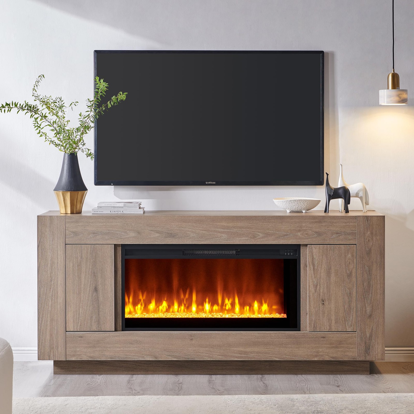 70″ Fireplace TV Stand With 36″ Electric Fireplace Wood Design For Living Room