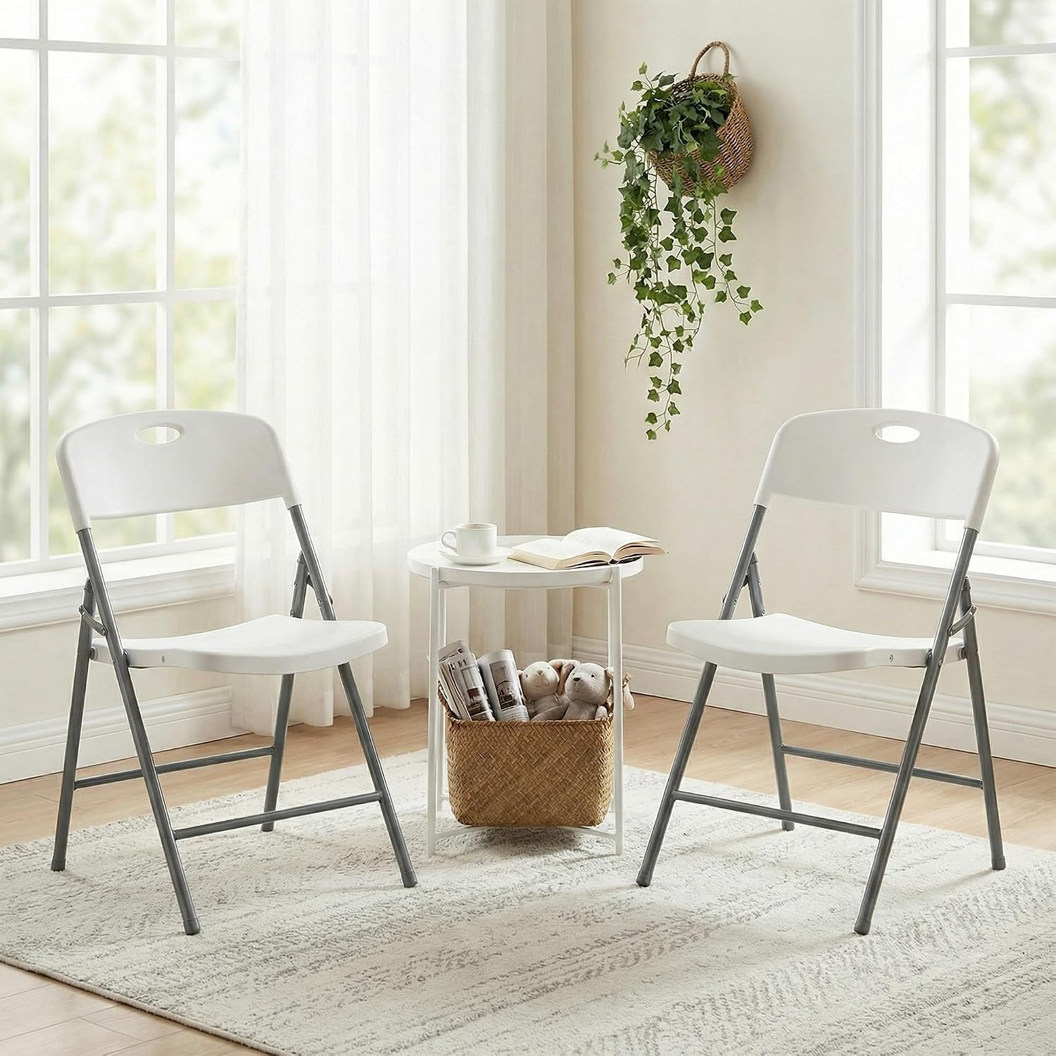 2-Pack White Folding Chairs, Portable Stackable for Events and Home