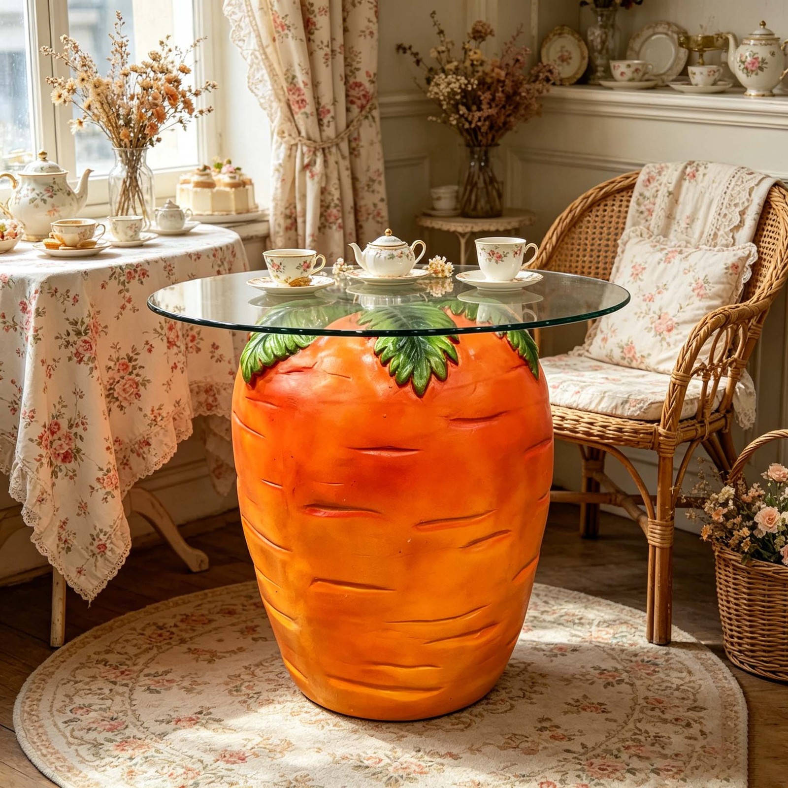 Carrot Shaped Side Table,16” Resin Fruit Stool with Glass Top,Novelty End Table