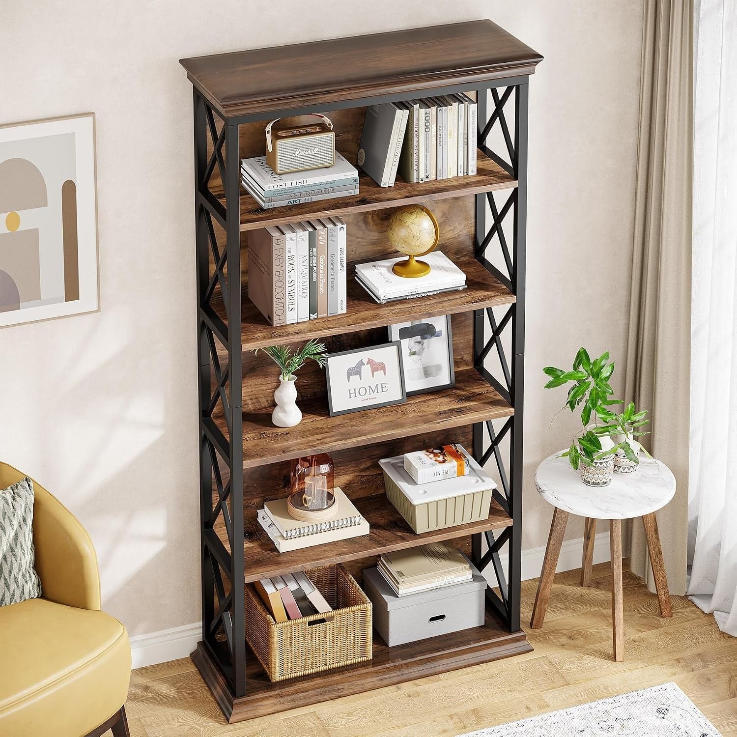 6-Tier Bookshelf, 70.87″ Etagere Metal and Wooden Bookcase for Home Office