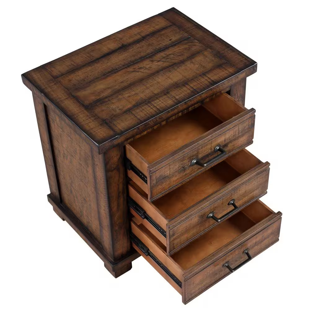 Rustic Walnut Brown 3-Drawer 24 In. W. Reclaimed Solid Wood Nightstand