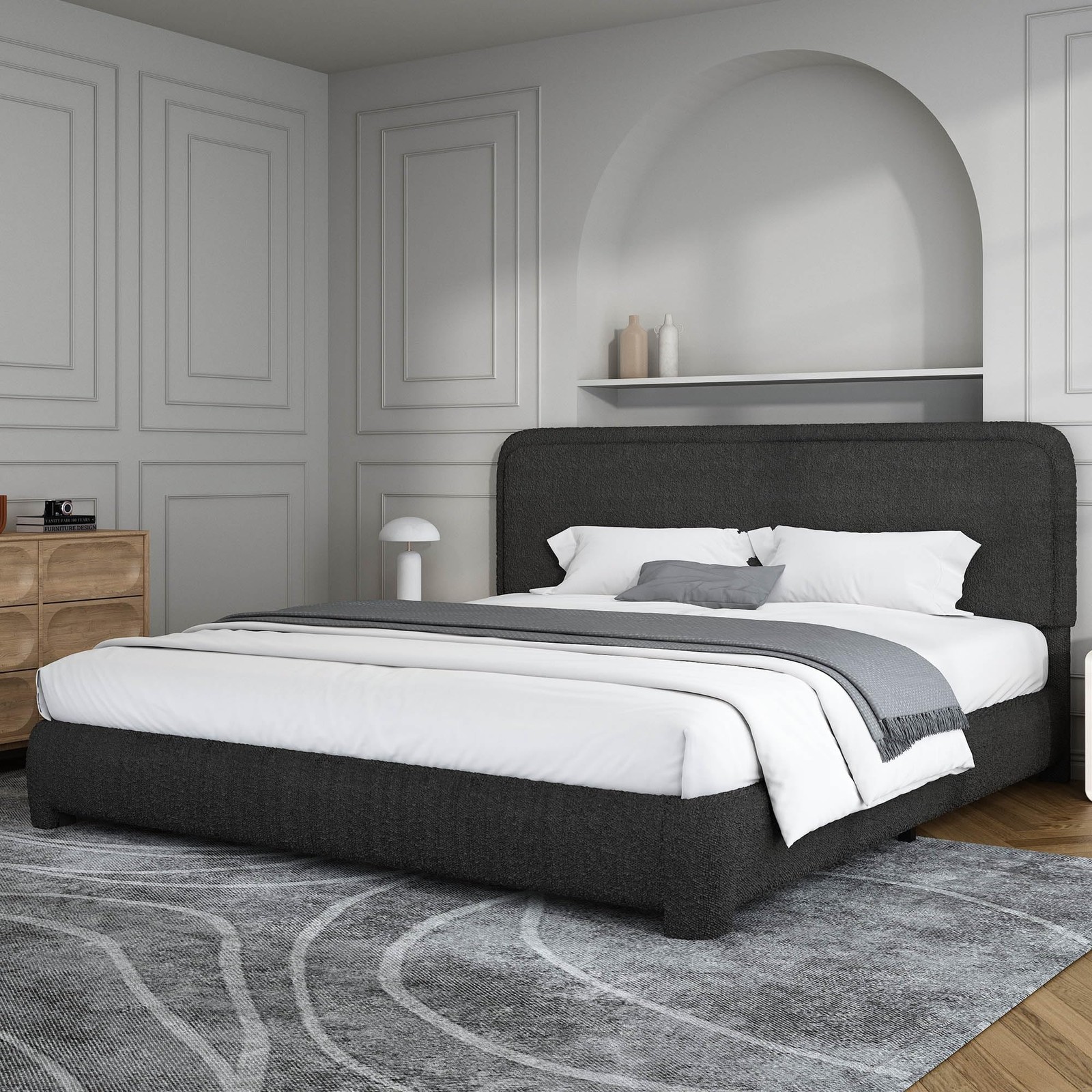 Boucle Upholstered California King Bed Low Profile No Box Spring NoiseFree Black