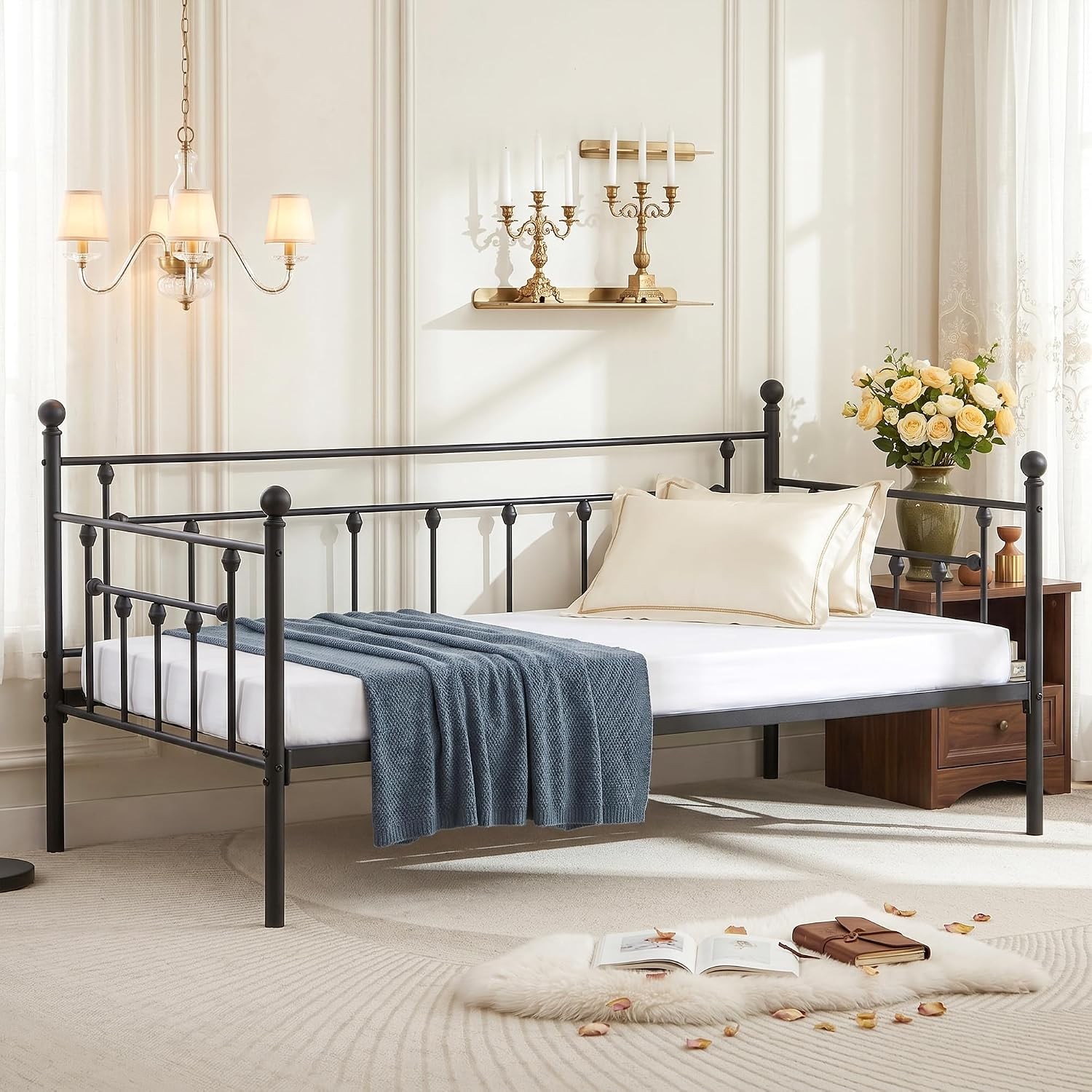 Daybed Frame, Twin Size Metal Platform Bed with Headboard,Heavy Duty Steel Slats