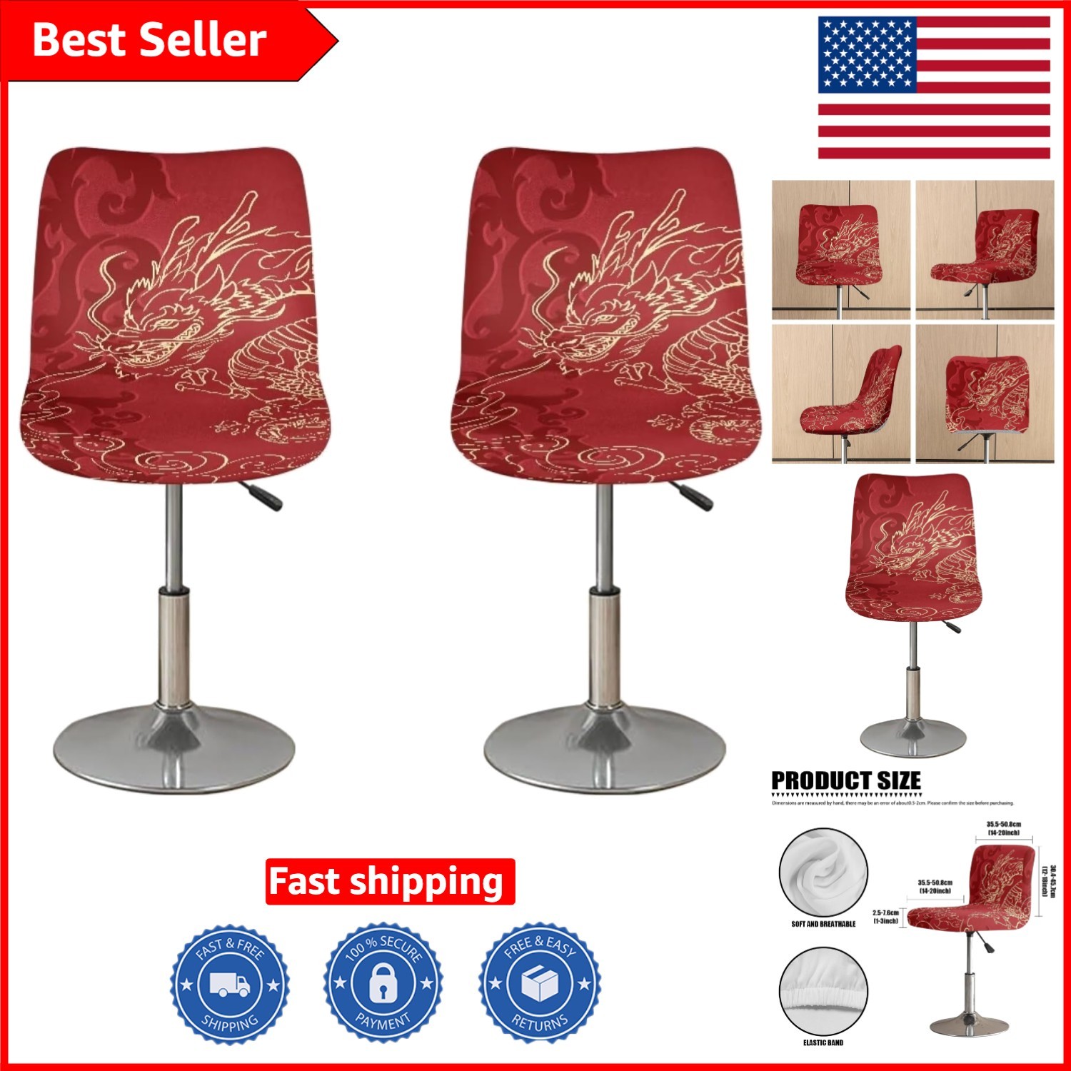 Set of 2 Asian Red Dragon Bar Stools – Swivel Adjustable & Elegant Design