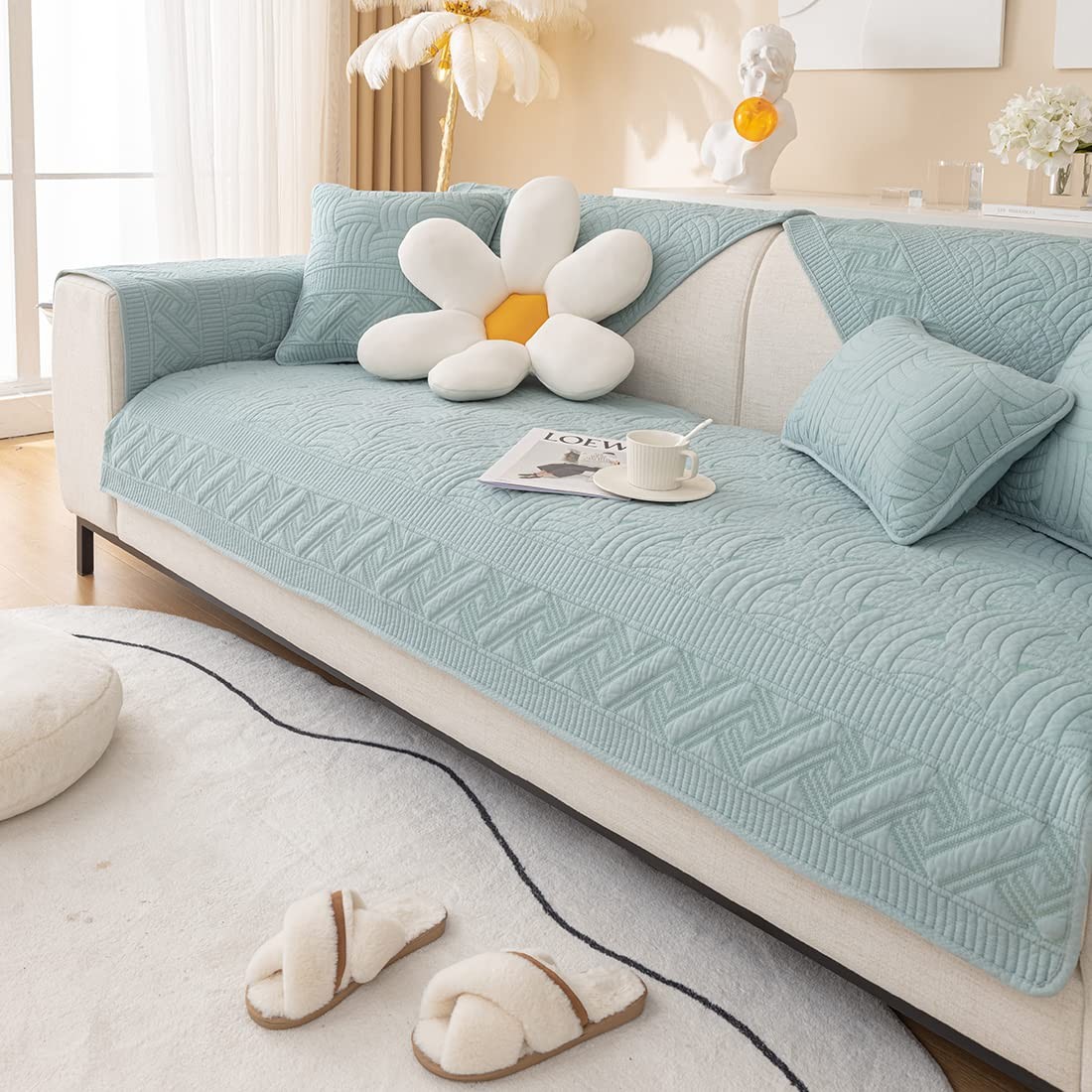 Farmhouse Cotton Quilted Sofa Cover Weave Pattern Embroidery Sectional Couch …