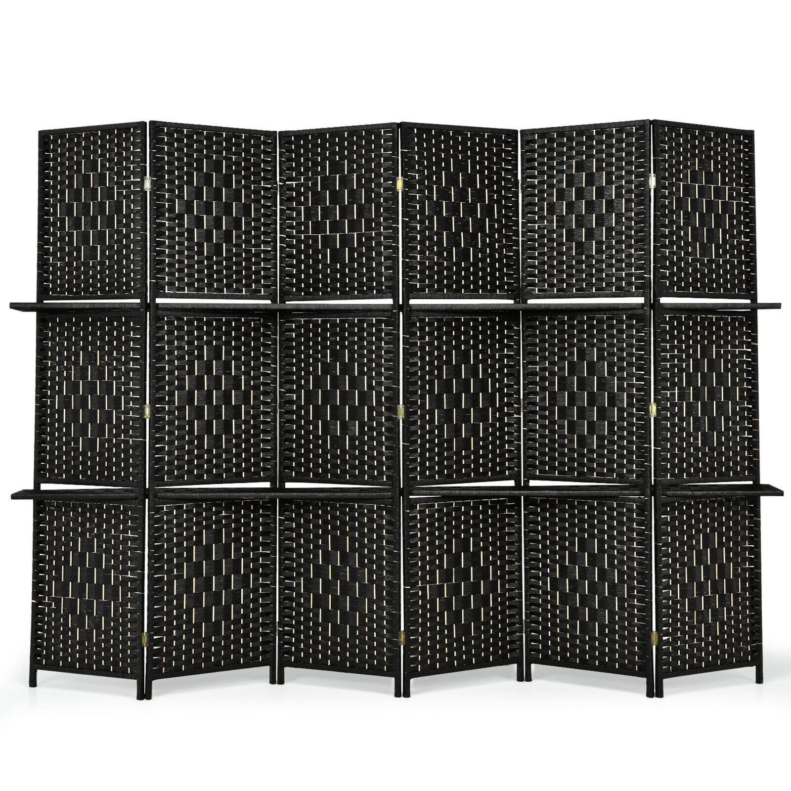 6 Panel Folding Room Divider 6Ft Weave Fiber Screen W/ 2 Display Shelves Black