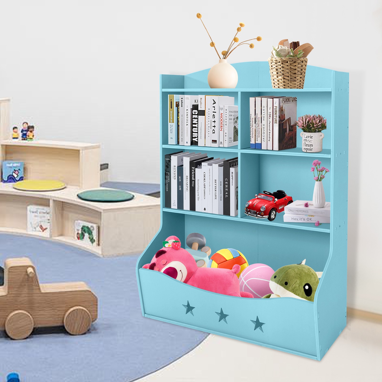 Kids Bin Toy Storage Box Bookcase Organizer Shelf Playroom Bookshelves Blue NEW
