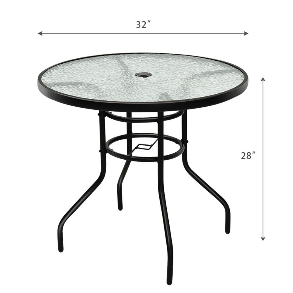 32in Round Tempered Glass Table with Black Steel Frame and Center Umbrella Hole