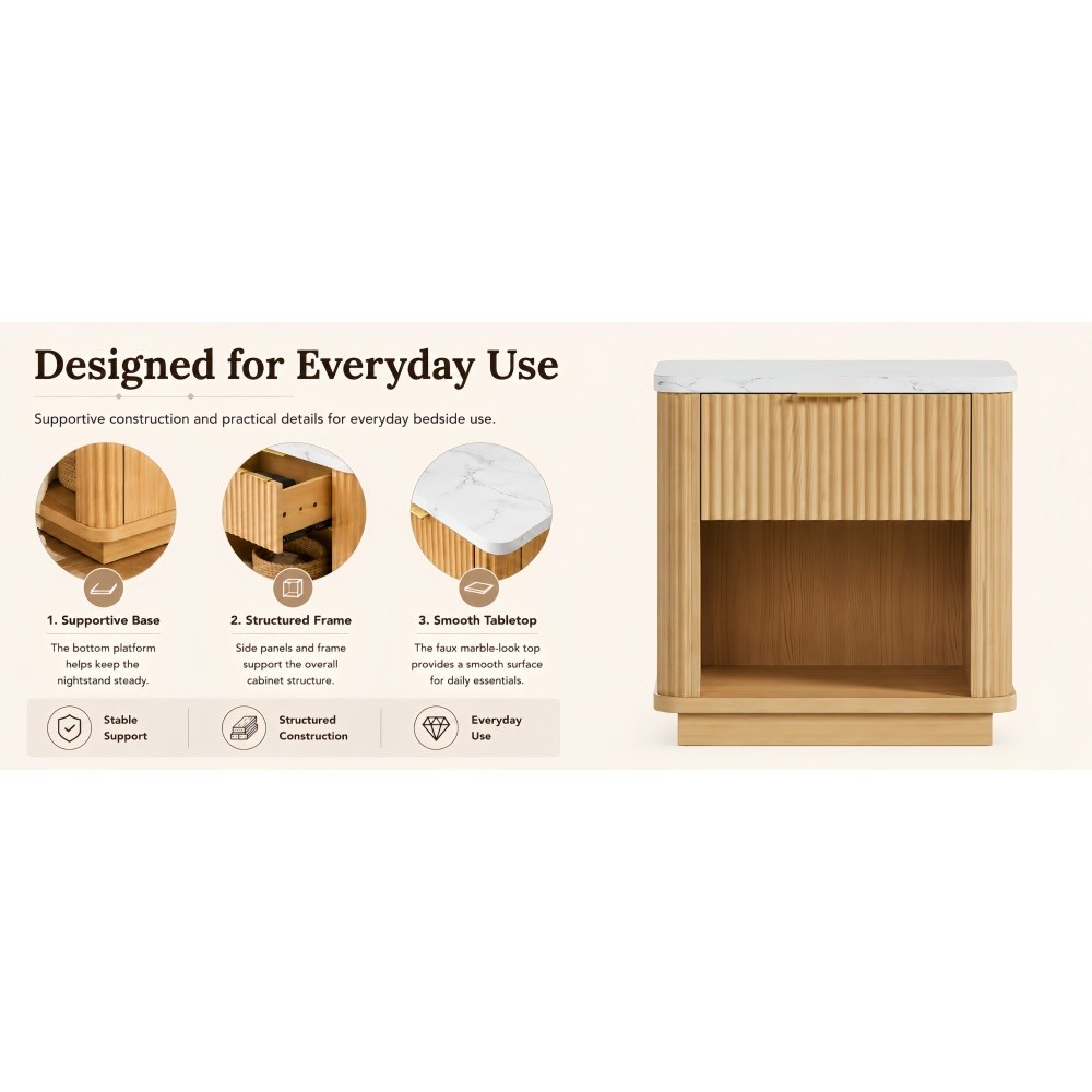 Natural Wood Finish Fluted Nightstand with Storage Drawer and Open Shelf