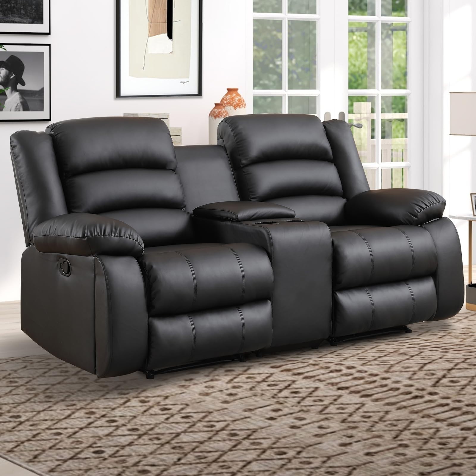 Canmov Faux Leather Loveseat, Manual Reclining Sofa Chair with Hidden Storage