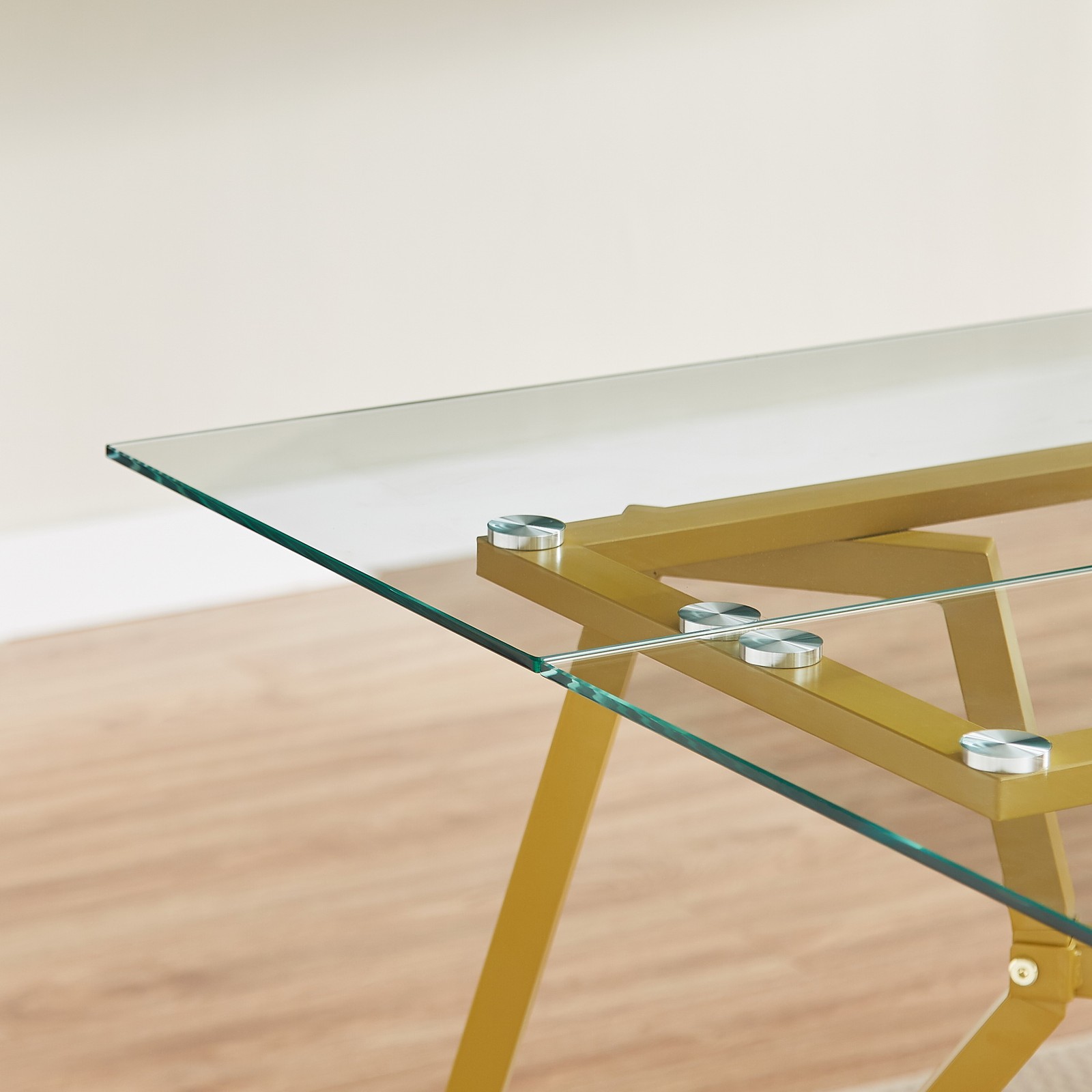 W70.9″ Gold Iron Legs Tempered Glass Rectangular Dining Table 8 People w Runner